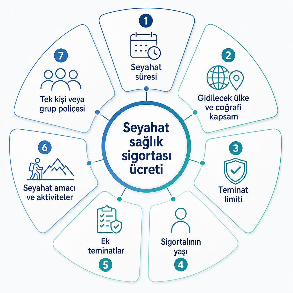 Seyahat sağlık sigortası primini etkileyen yedi unsuru gösteren infografik