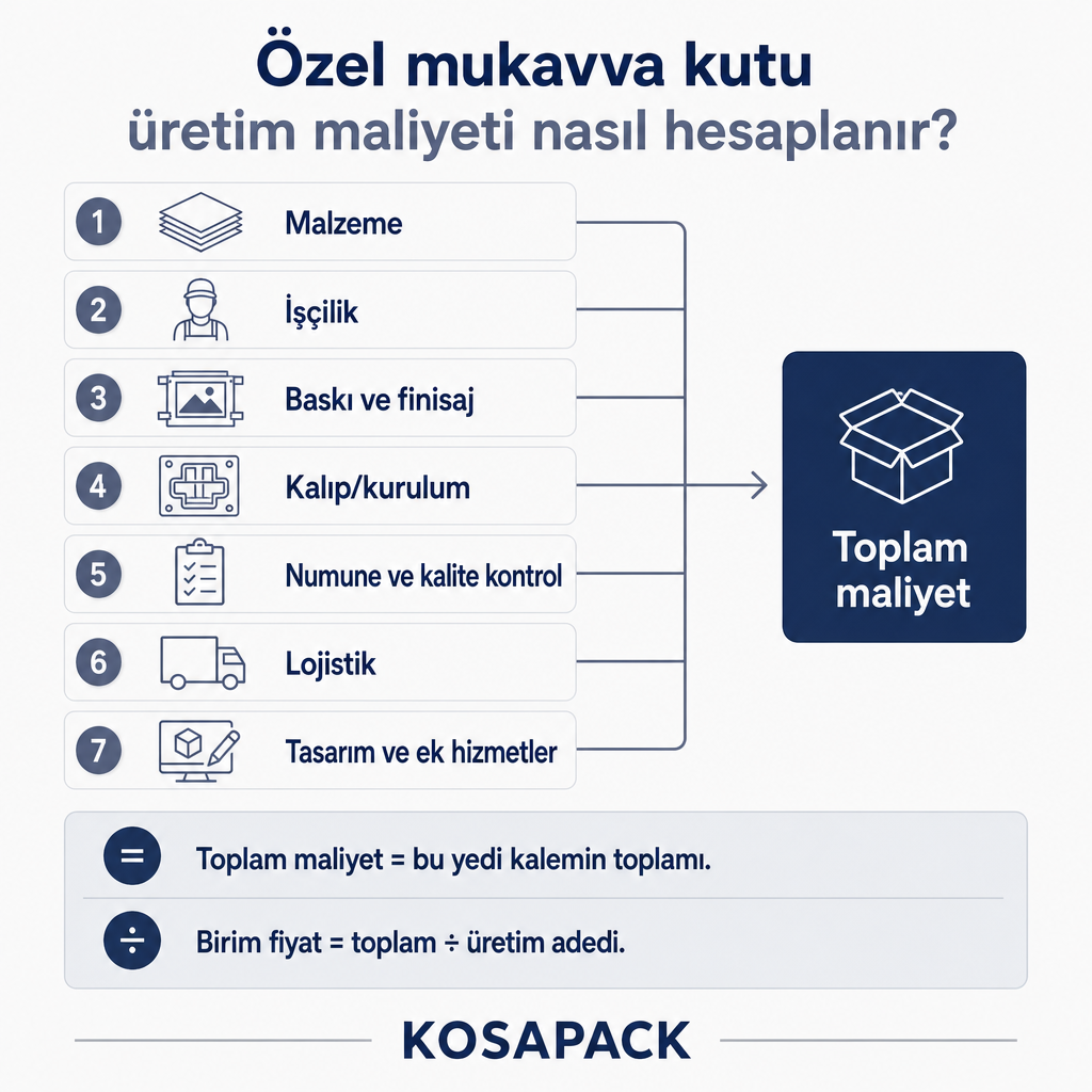 Yedi maliyet kaleminin birleşerek toplam kutu maliyetini oluşturduğunu gösteren infografik.