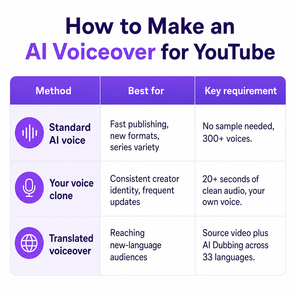 Comparison of standard AI voice, voice clone, and translated voiceover methods with their best use and key requirement