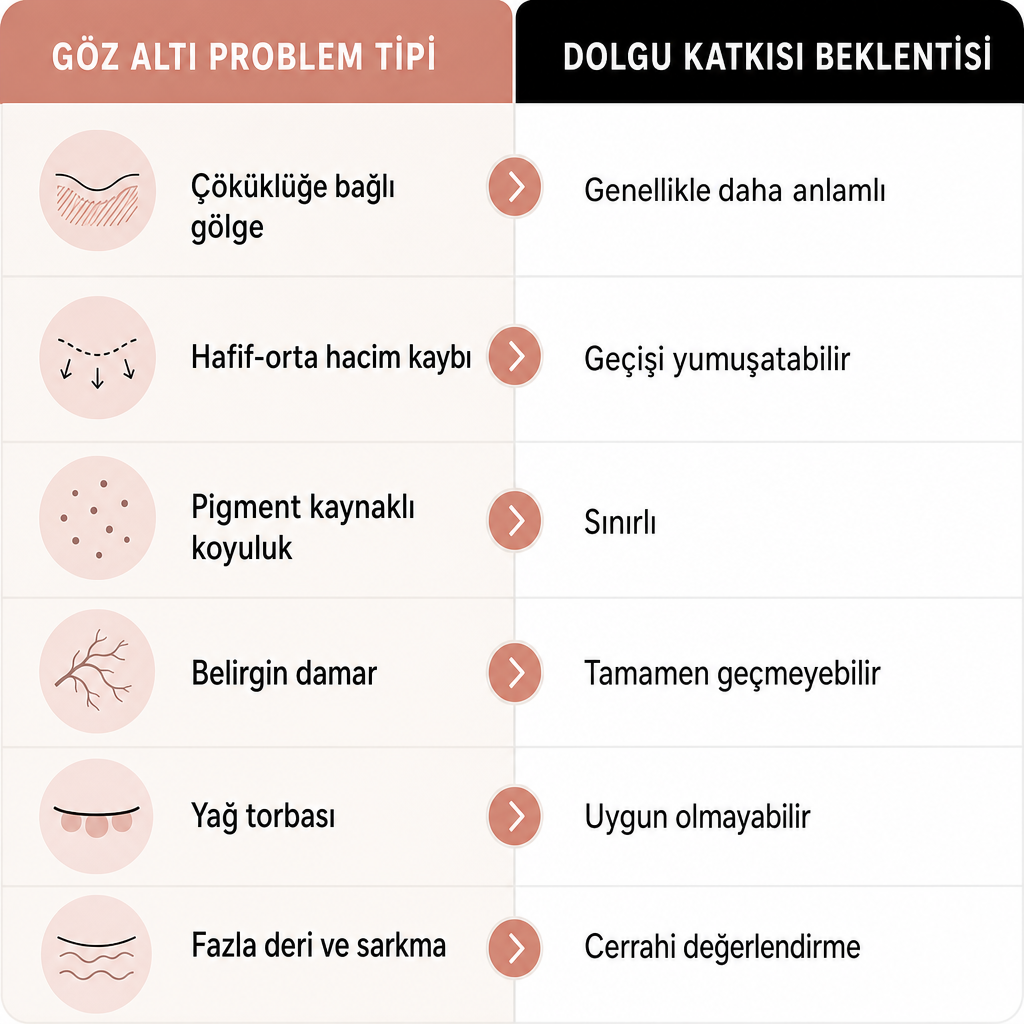 Göz altı sorun tiplerini ve dolgunun her birine beklenen katkısını eşleştiren karşılaştırma görseli