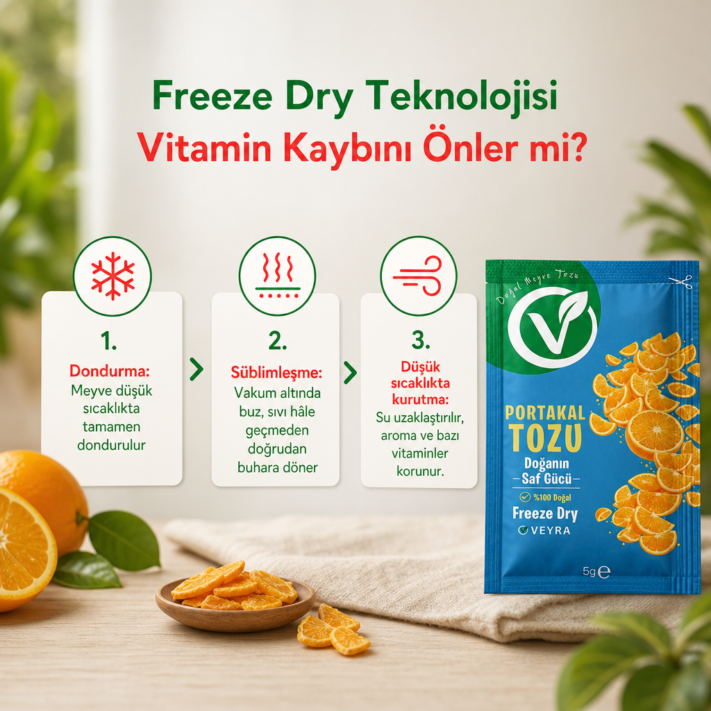 Freeze dry işleminin dondurma, süblimleşme ve düşük sıcaklıkta kurutma aşamalarını gösteren süreç şeması