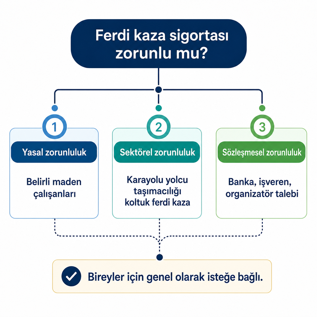 Ferdi kaza sigortasında zorunluluğun yasal, sektörel ve sözleşmesel kaynaklarını gösteren şema