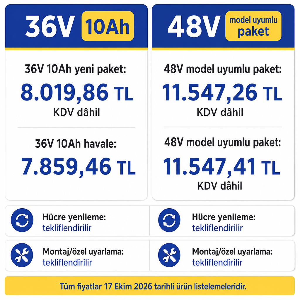 36V ve 48V elektrikli bisiklet bataryası değişimi için 17 Ekim 2026 tarihli referans fiyatları gösteren karşılaştırma görseli