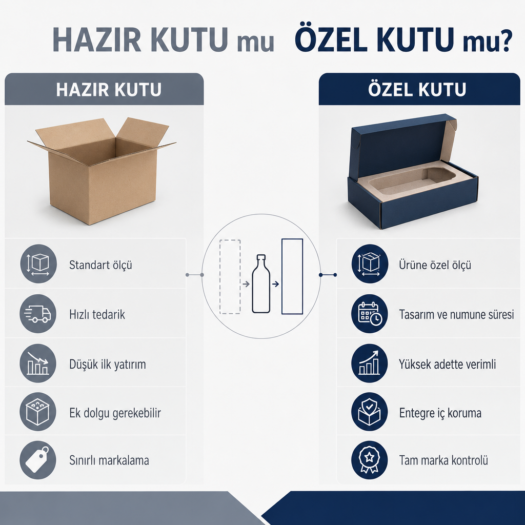 Hazır kutu ve özel kutu seçeneklerini ölçü, hız, maliyet, koruma ve markalama açısından karşılaştıran görsel.