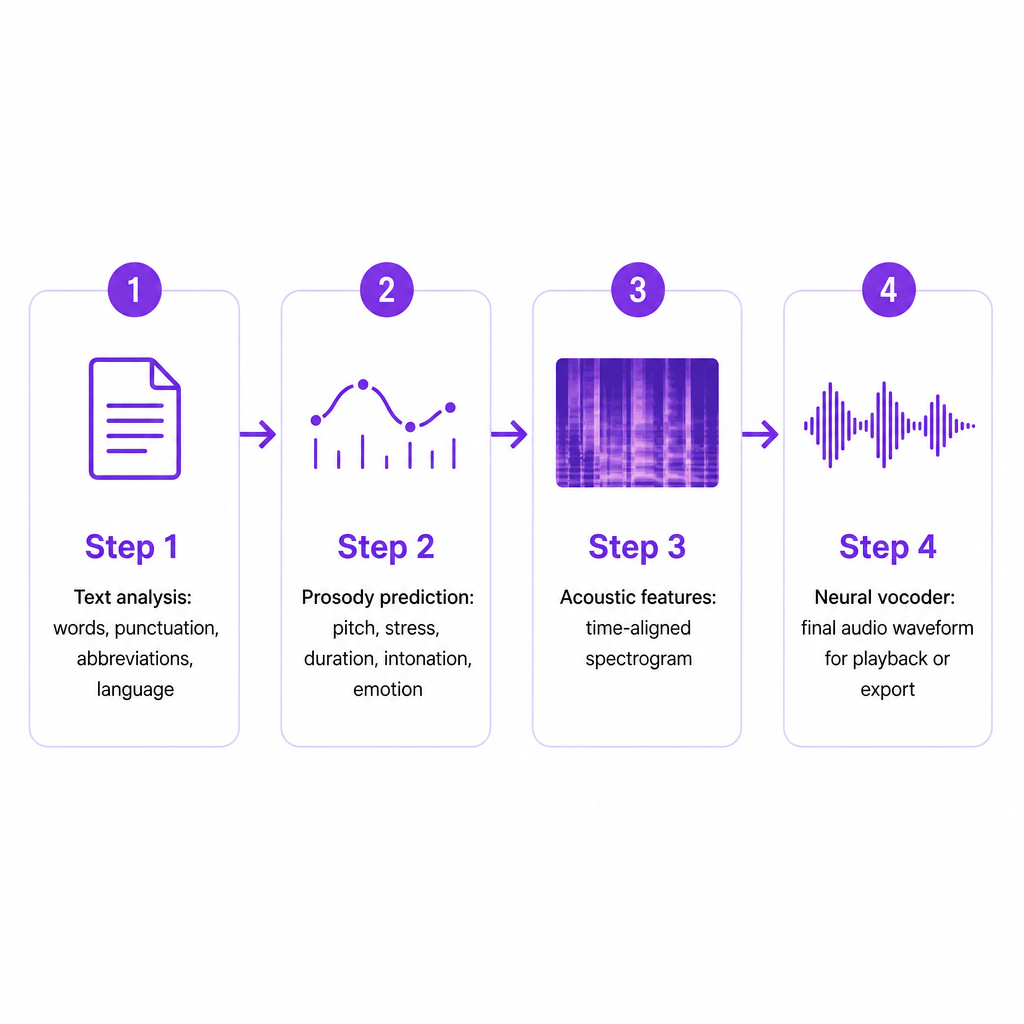 Four-step diagram showing text analysis, prosody prediction, acoustic features, and a neural vocoder producing the final waveform