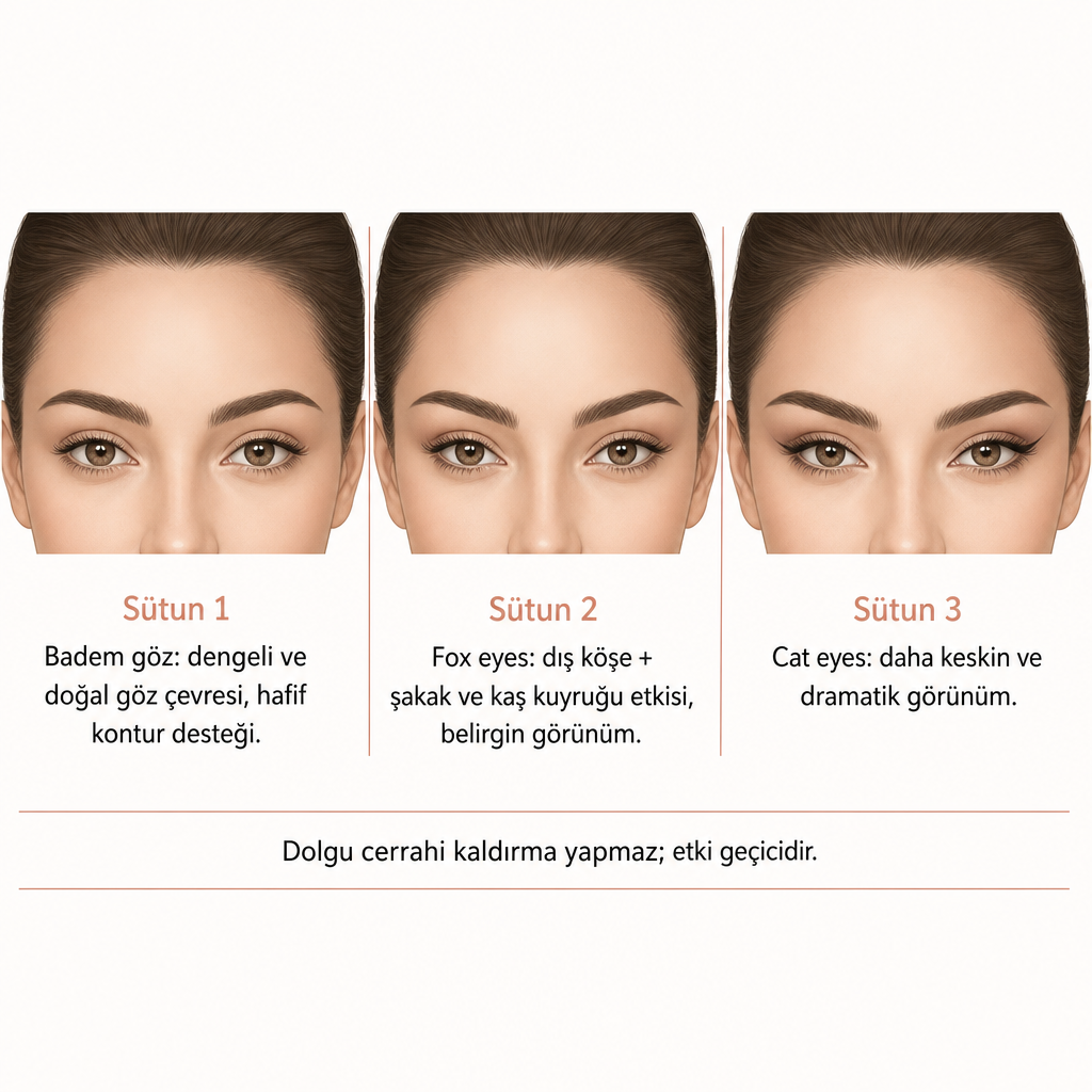 Badem göz, fox eyes ve cat eyes görünümlerini yan yana karşılaştıran açıklayıcı görsel