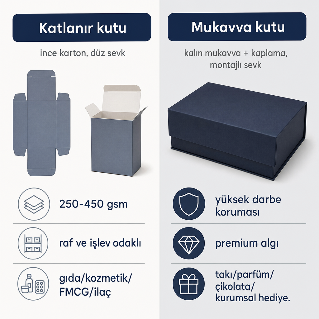 Katlanır kutu ile mukavva kutunun yapı, sevk ve kullanım farklarını gösteren karşılaştırma görseli