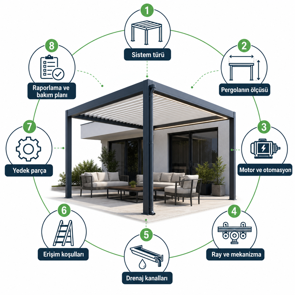 Motorlu pergola bakım servisi fiyatını belirleyen sekiz kalemi gösteren infografik