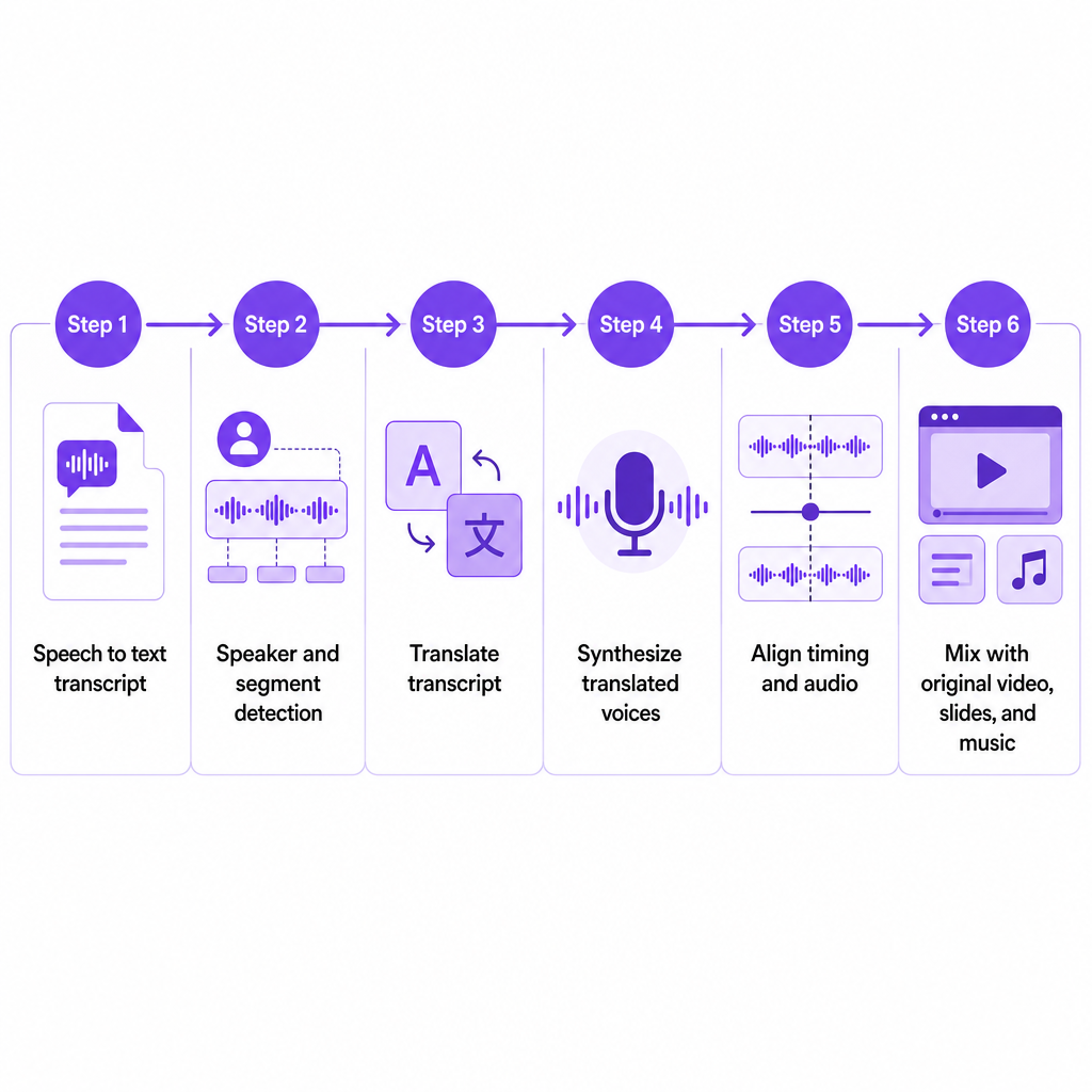 Six-stage diagram showing speech recognition, speaker detection, translation, voice synthesis, timing alignment, and final mixing