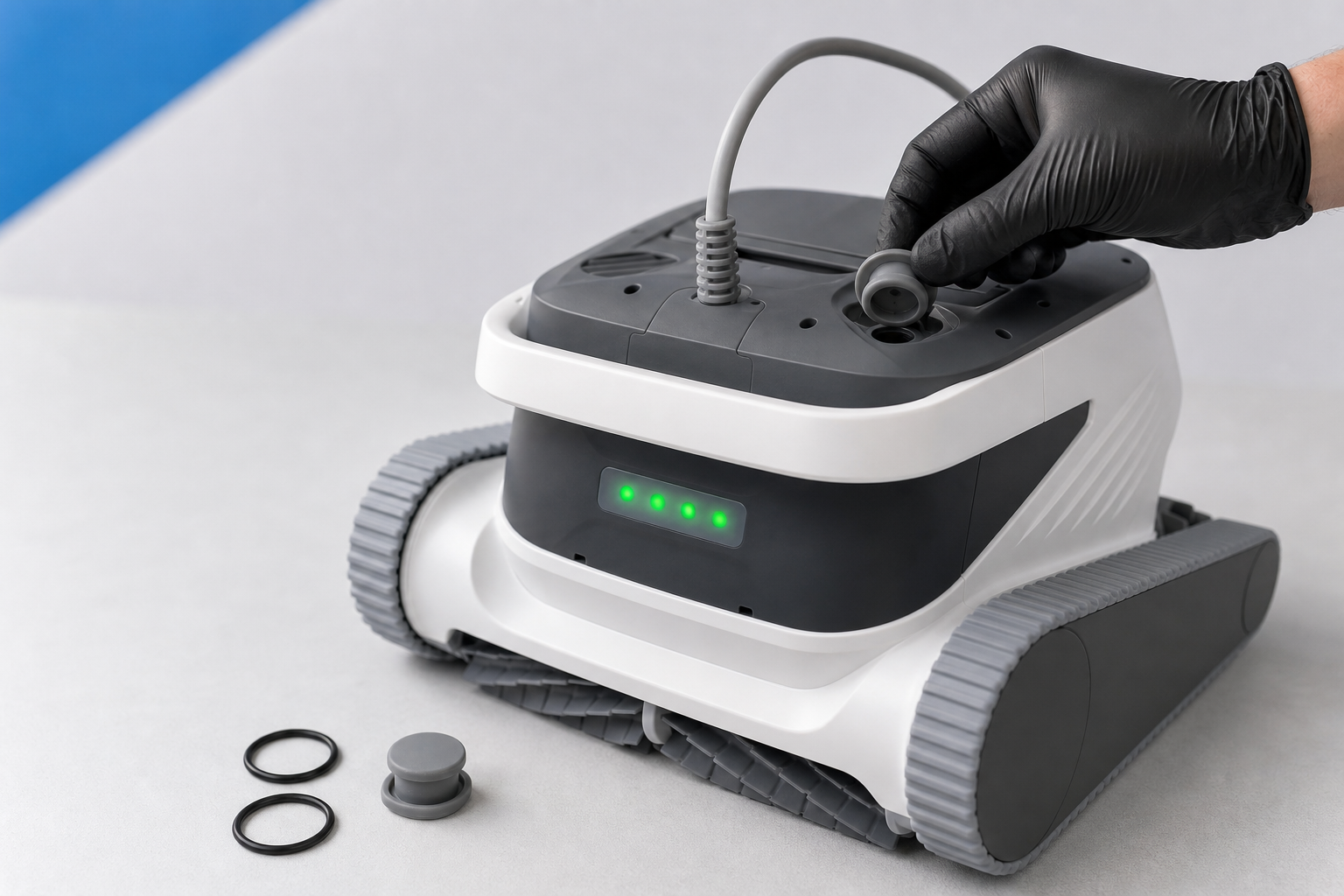 Hydro 6 UV havuz robotunun üst kısmındaki şarj portu ve lastik tapa bölgesi yakın plan