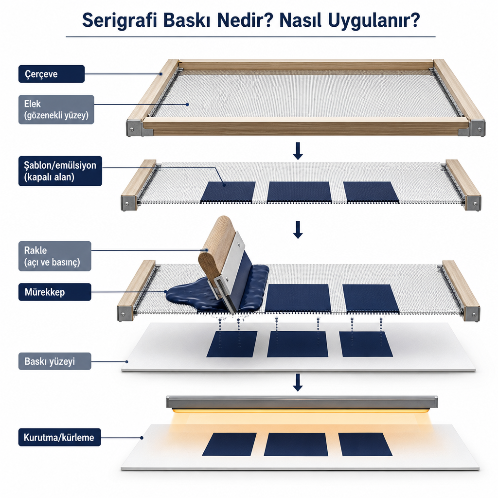 Serigrafi baskıda eleğin açık alanlarından rakleyle mürekkebin yüzeye aktarılmasını gösteren kesit diyagramı