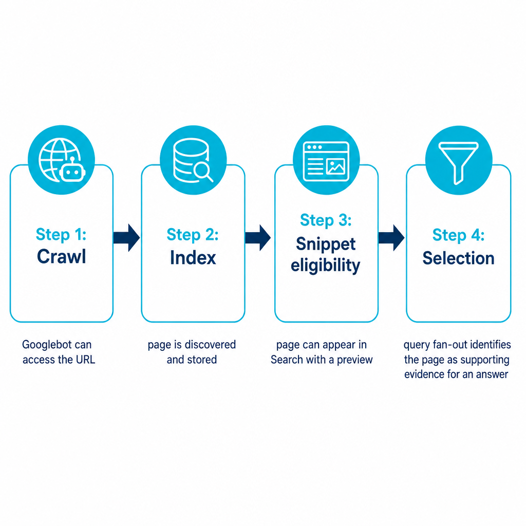 Flux en quatre étapes montrant l'exploration, l'indexation, l'éligibilité à l'extrait et la sélection comme chemin vers une citation dans un AI Overview