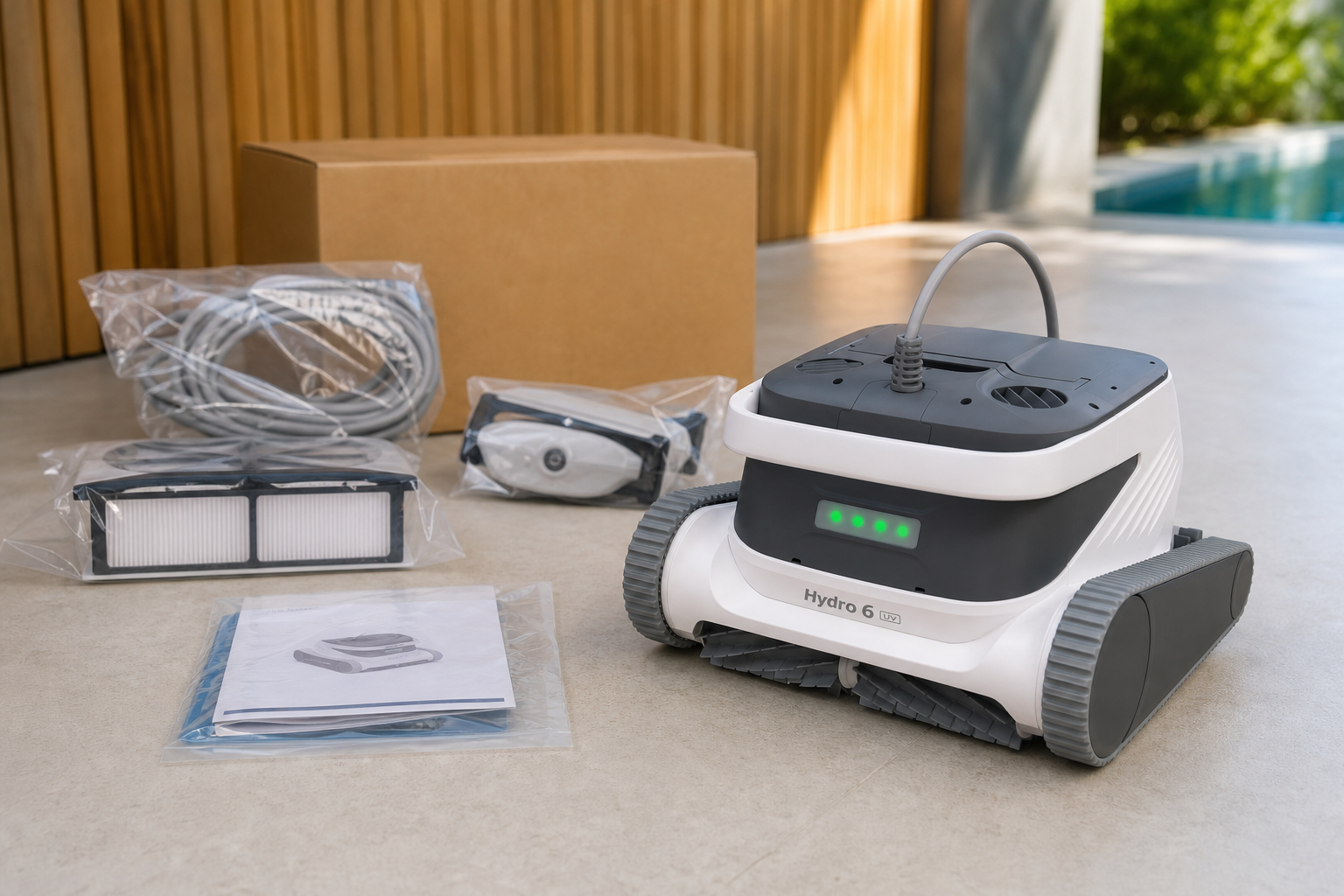 Kutudan yeni çıkarılmış Hydro6 UV havuz robotu, yanında aksesuarlarıyla birlikte
