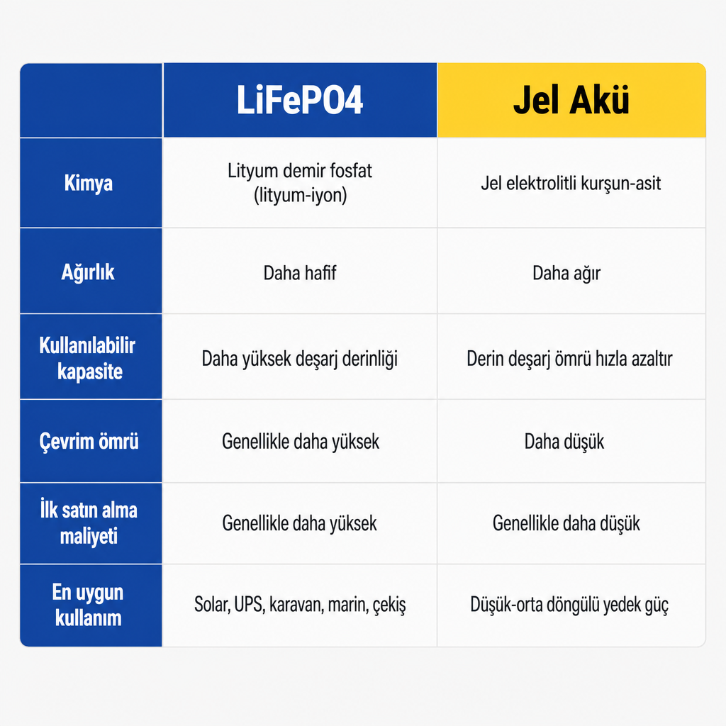 LiFePO4 ve jel akünün kimya, ağırlık, kapasite, çevrim ömrü ve maliyet açısından iki sütunlu karşılaştırması