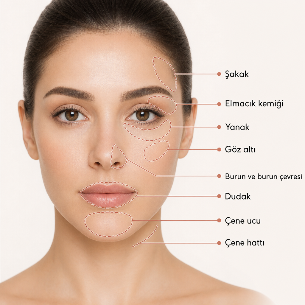 Full face dolgu planında değerlendirilen şakak, elmacık, yanak, göz altı, burun, dudak, çene ucu ve çene hattı bölgelerini gösteren yüz şeması