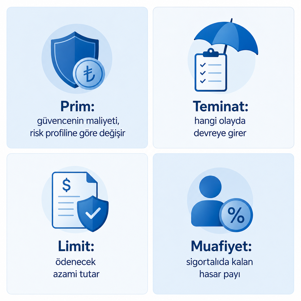 Prim, teminat, limit ve muafiyet kavramlarını dört bölümde özetleyen infografik