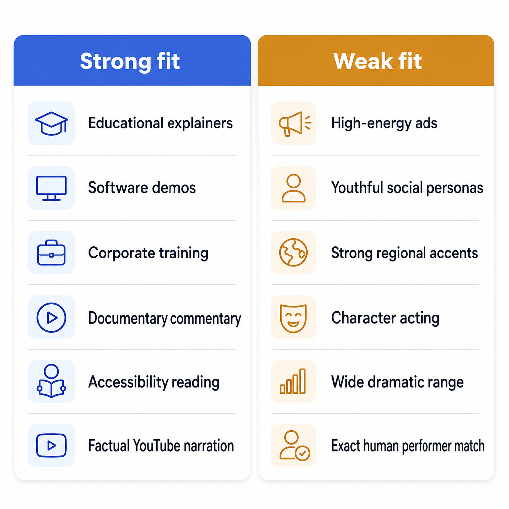 Comparison of content types where a Daniel-style British voice fits well versus poorly.