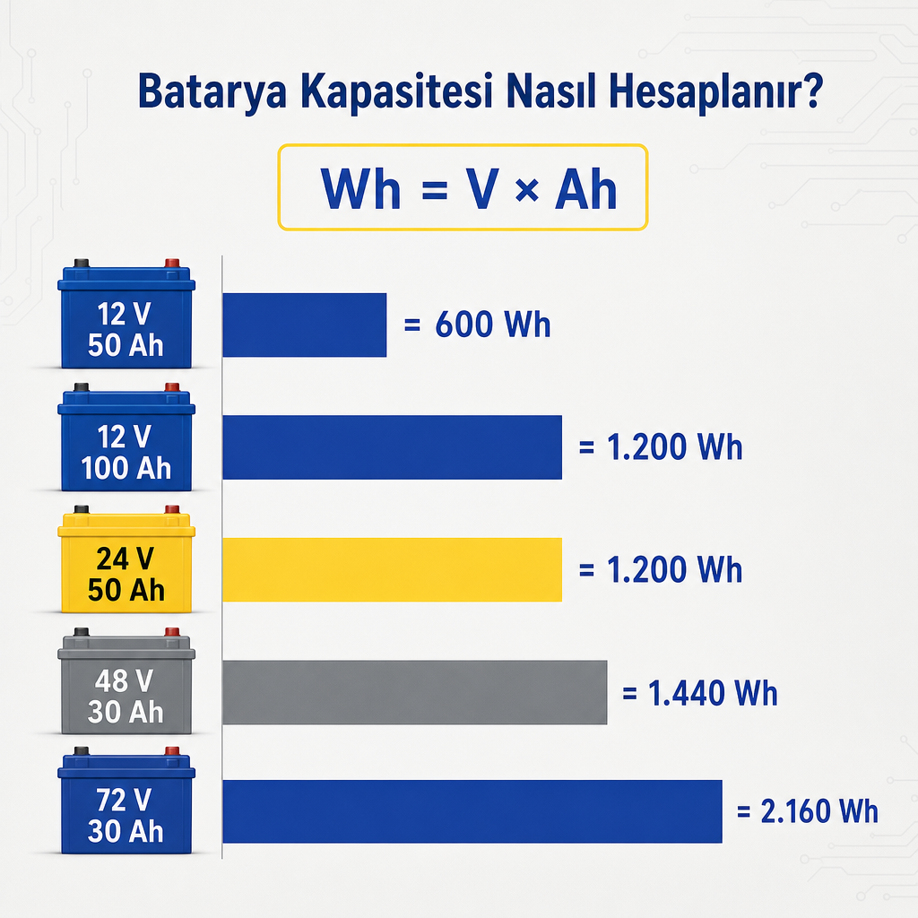 Beş farklı bataryanın gerilim ve Ah değerlerine göre watt-saat karşılaştırmasını gösteren çubuk grafik
