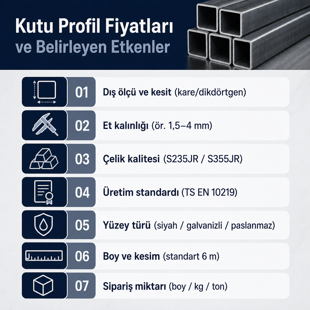 Kutu profil fiyatını belirleyen yedi etkeni sıralayan infografik