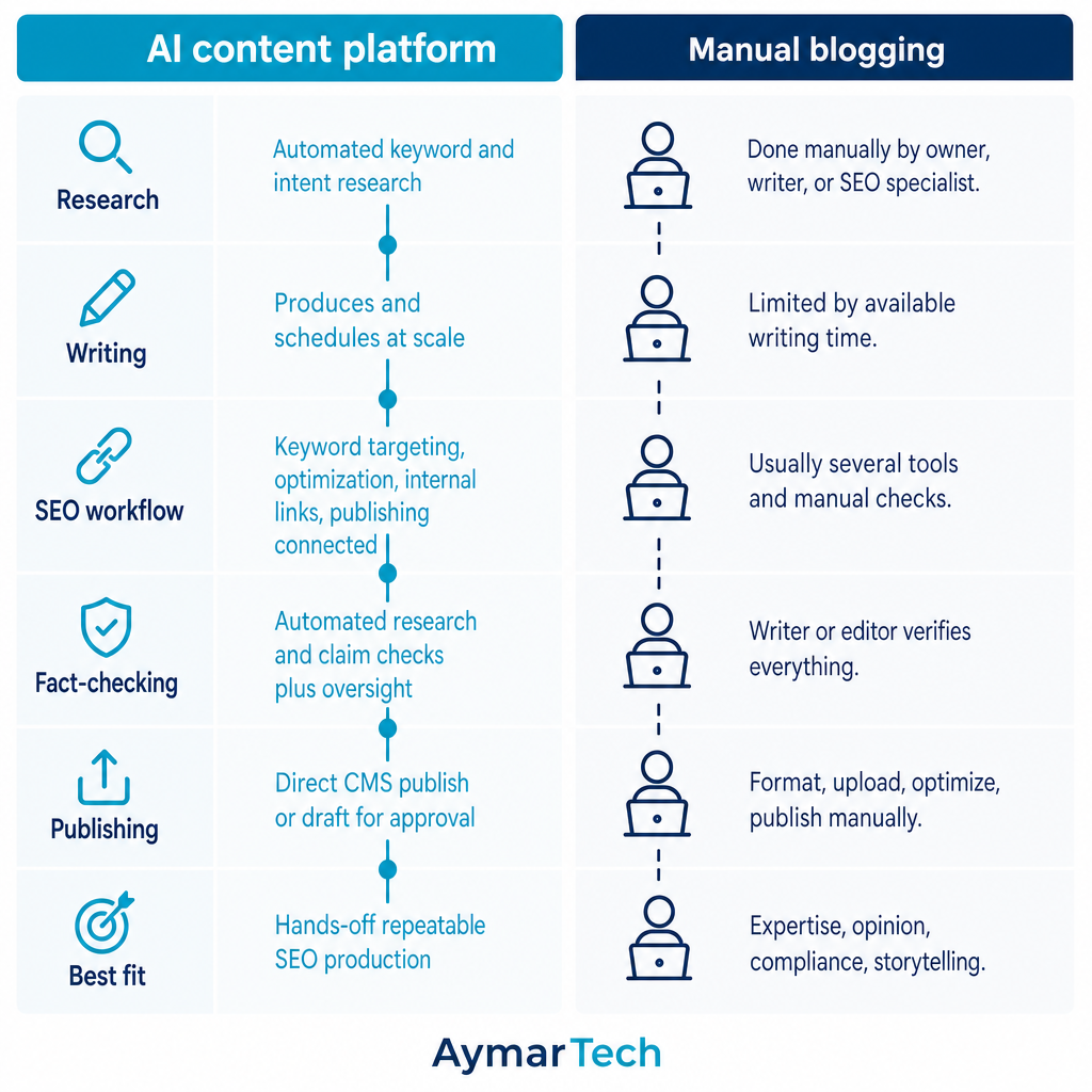 Side-by-side comparison showing a connected AI platform pipeline versus a manual step-by-step blogging process.