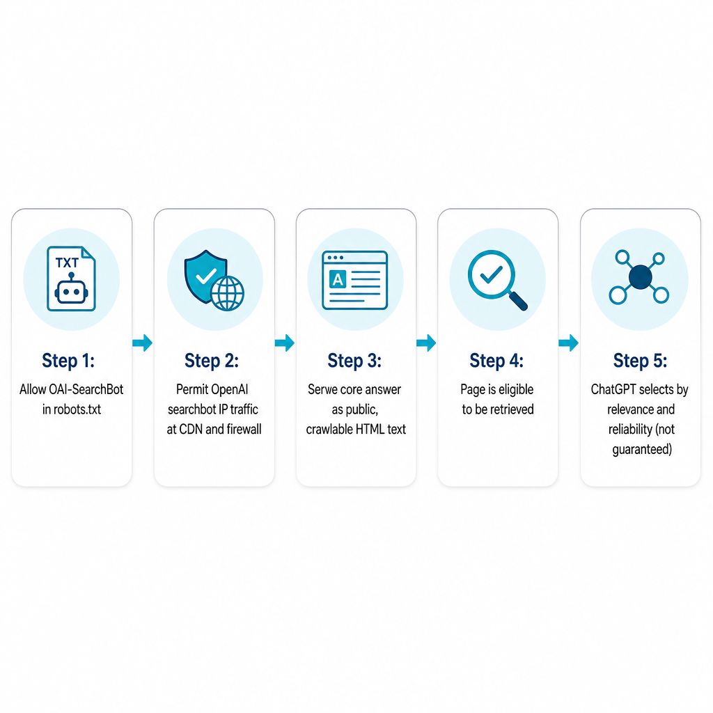 Five-step diagram showing crawler access and public HTML leading to eligibility, then non-guaranteed selection by ChatGPT
