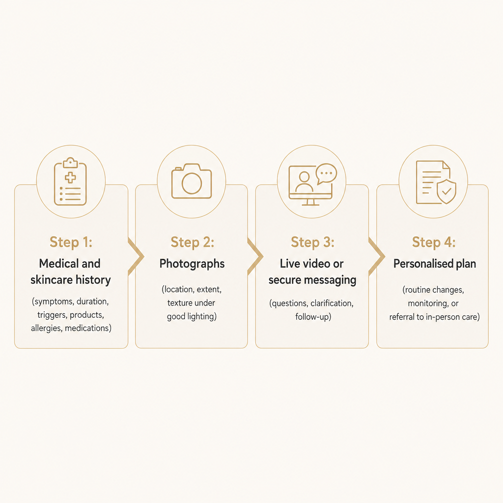 Four-stage process showing history, photographs, communication, and a personalised plan feeding into a virtual consultation