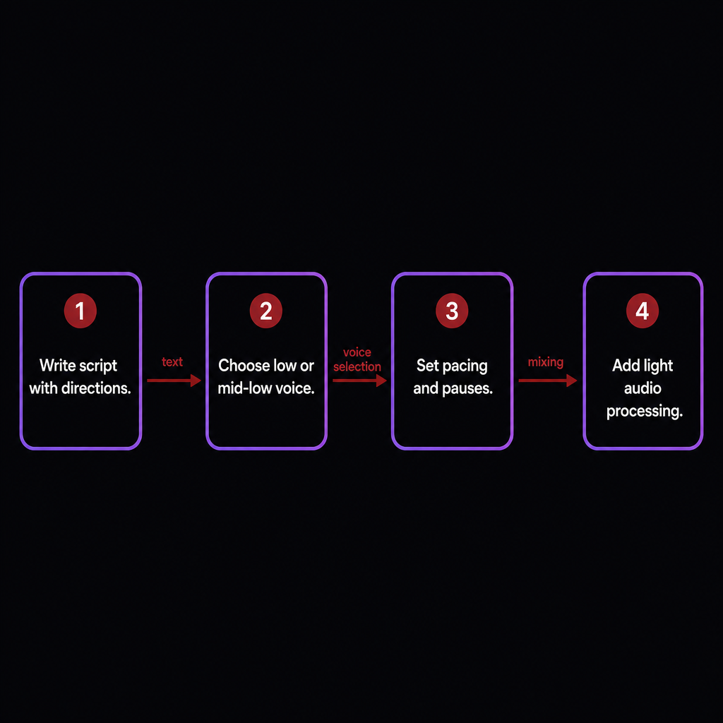 Four-step diagram showing a horror voice built from script, voice choice, pacing, and processing.