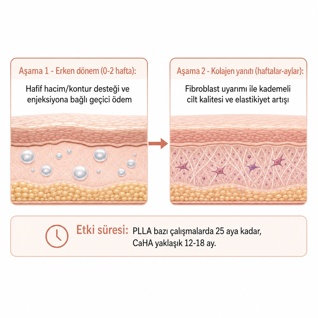 Biostimülan dolgunun erken ödem aşaması ile kademeli kolajen yanıtı aşamasını gösteren süreç şeması