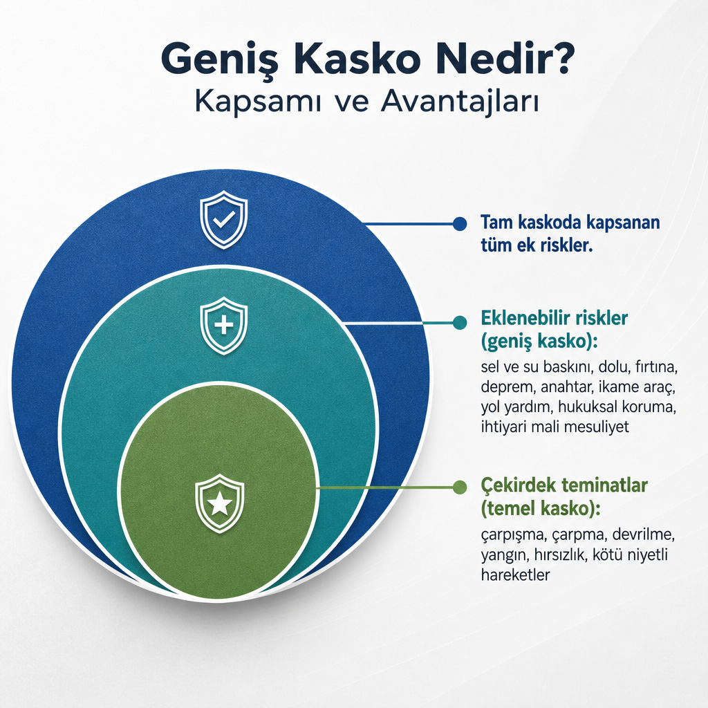 Geniş kaskonun çekirdek teminatları ile eklenebilir ek teminatlarını katmanlı gösteren infografik