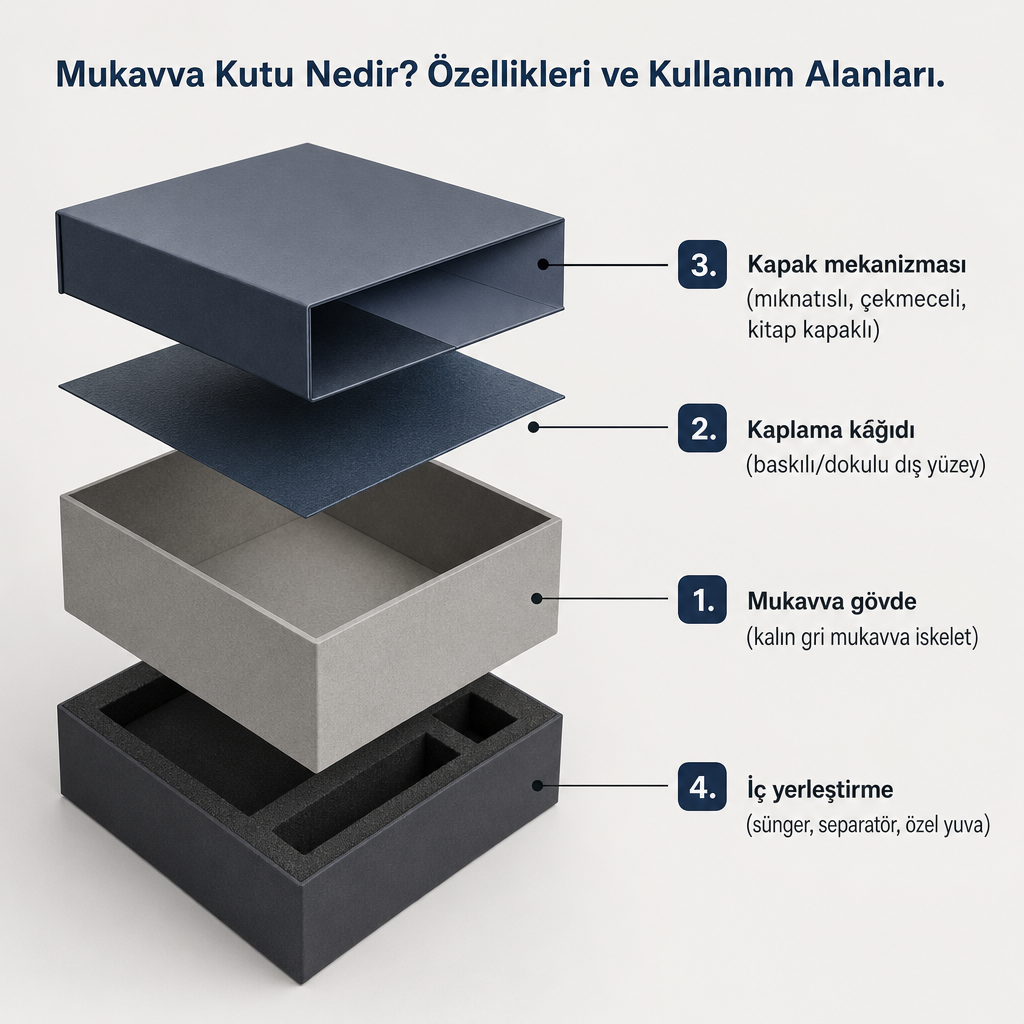 Mukavva kutunun dört ana bileşenini gösteren katmanlı diyagram: gövde, kaplama, kapak ve iç yerleştirme