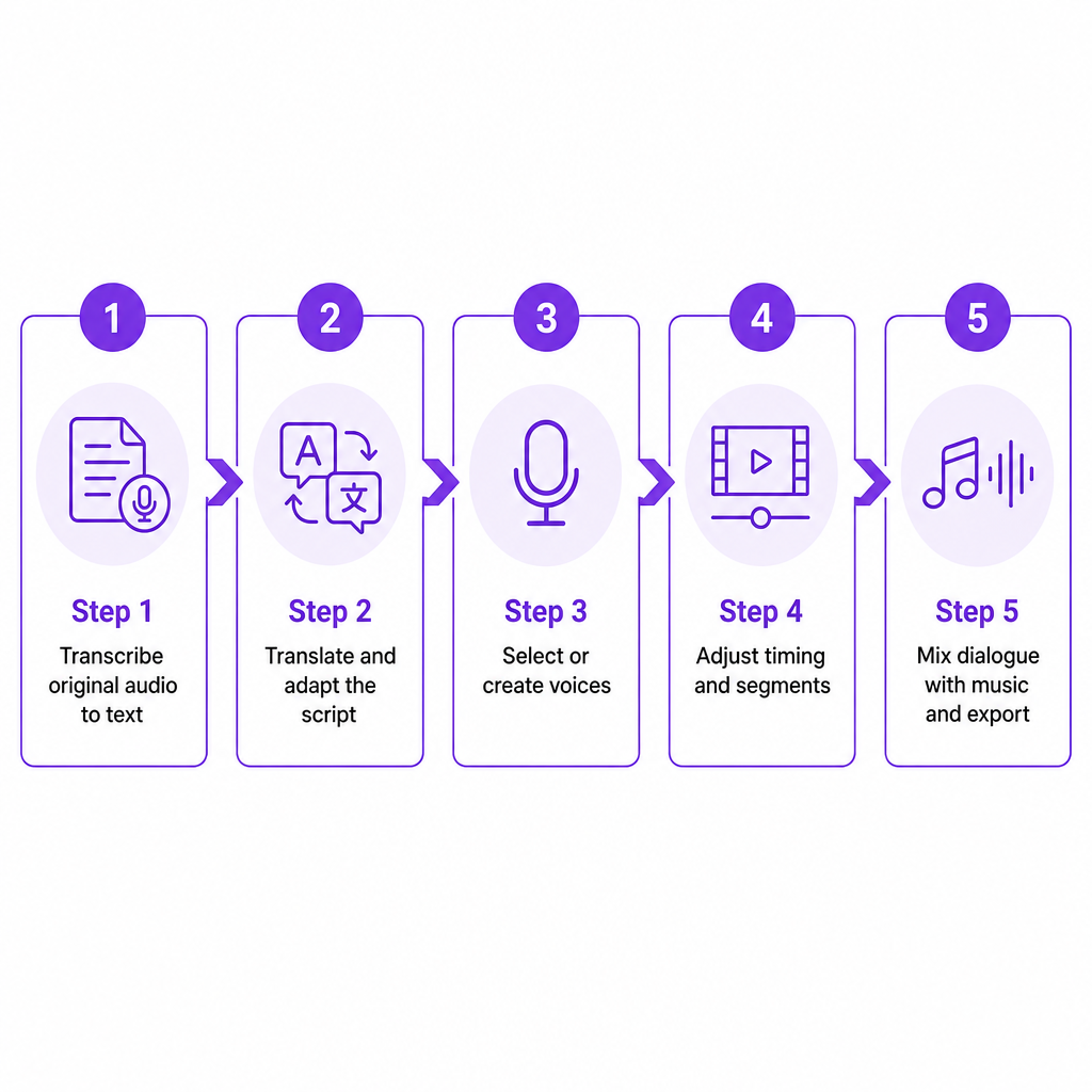 Diagram showing the five stages of video dubbing from transcription to final mix and export