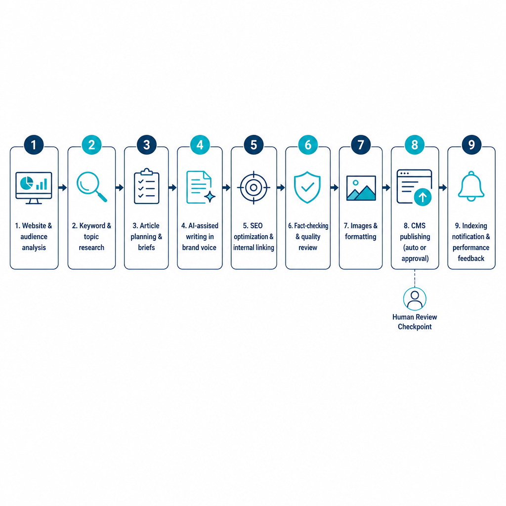 Nine-step process diagram showing the stages of a blog automation pipeline from website analysis to indexing and feedback.