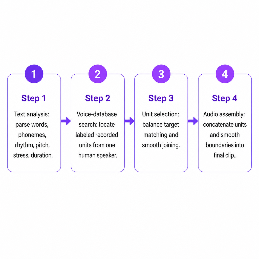 Four-step diagram showing text analysis, voice-database search, unit selection, and audio assembly