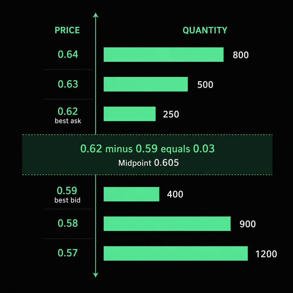 Diagram of a two-sided order book showing asks above, bids below, and the spread between the best bid and best ask.