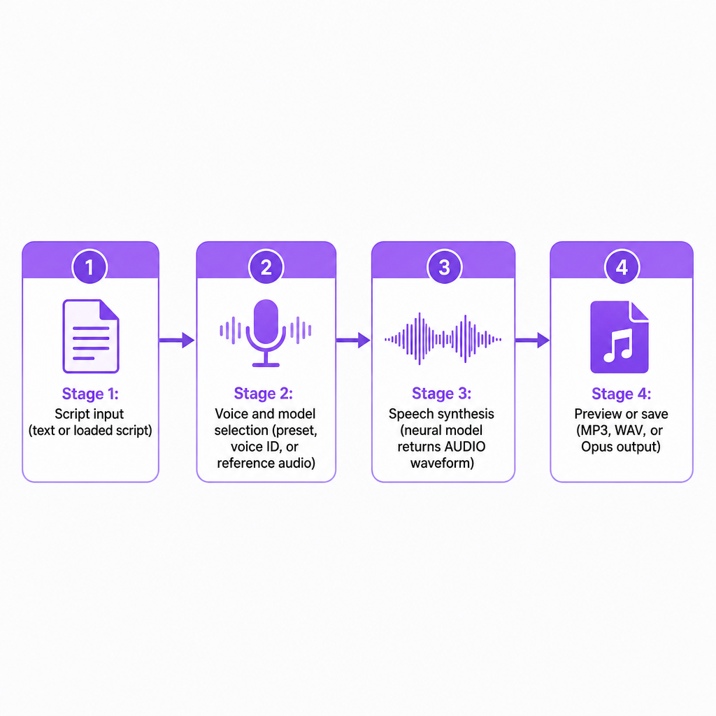 Diagram showing four stages from script input to voice selection to synthesis to audio output in a ComfyUI workflow