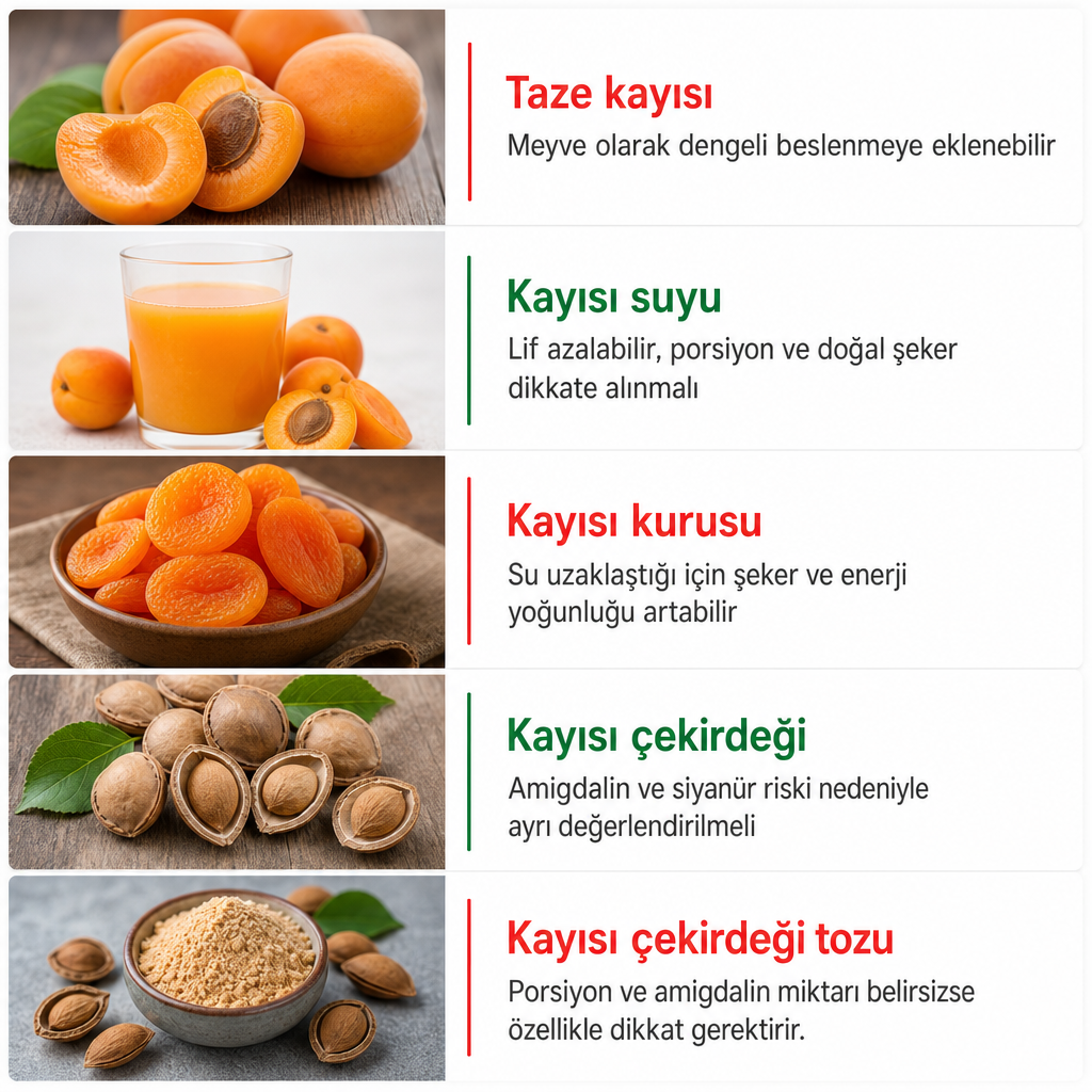 Taze kayısı, kayısı suyu, kurusu, çekirdeği ve çekirdek tozunun temel değerlendirmelerini karşılaştıran görsel