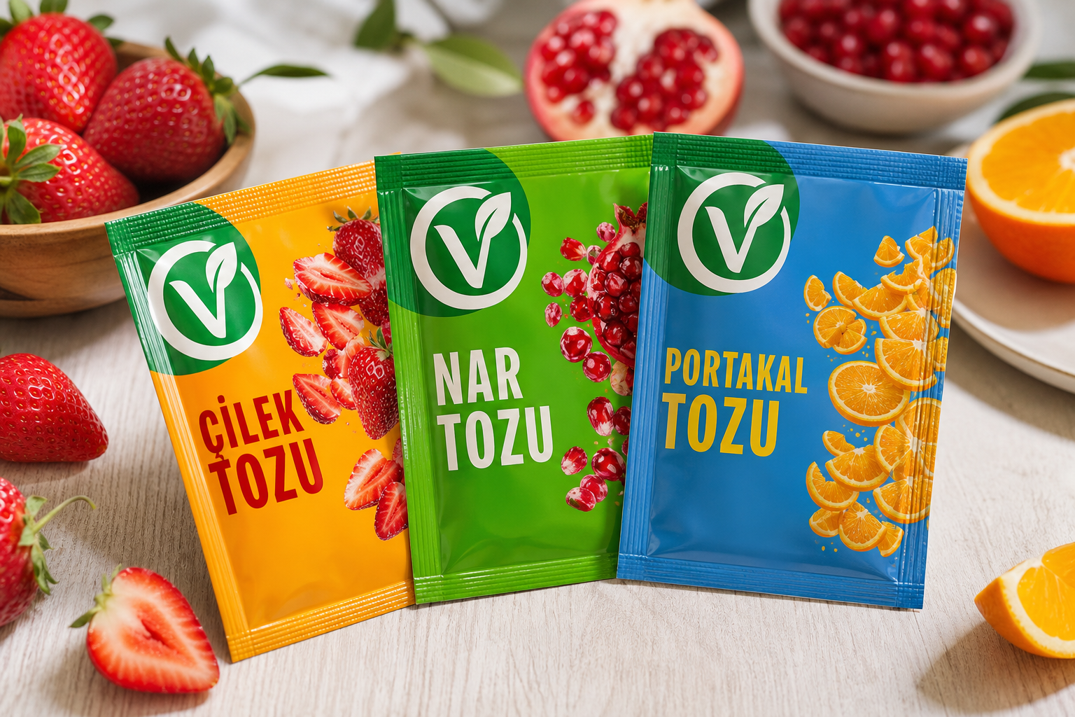 VeyraDry çilek, nar ve portakal tozu paketlerinin önden görünümü
