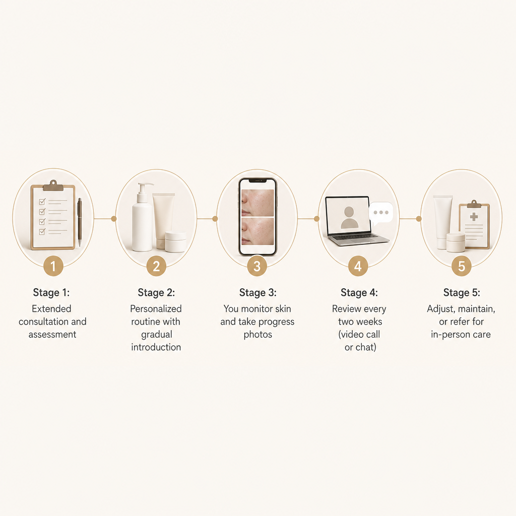 Five-stage process showing consultation, personalized routine, self-monitoring, two-week review, and adjustment or referral