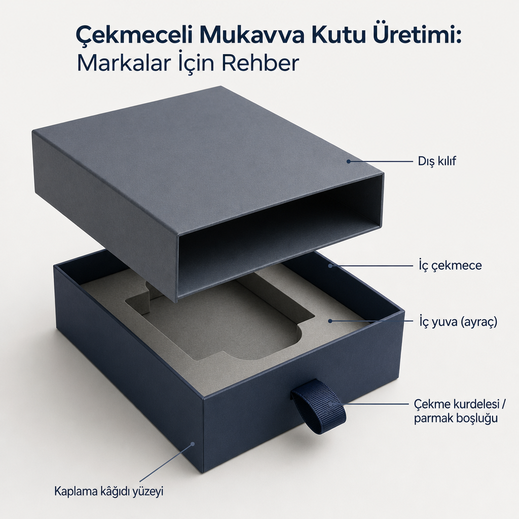Çekmeceli mukavva kutunun dış kılıf, iç çekmece, kurdele ve iç yuva bileşenlerini gösteren patlatılmış teknik çizim