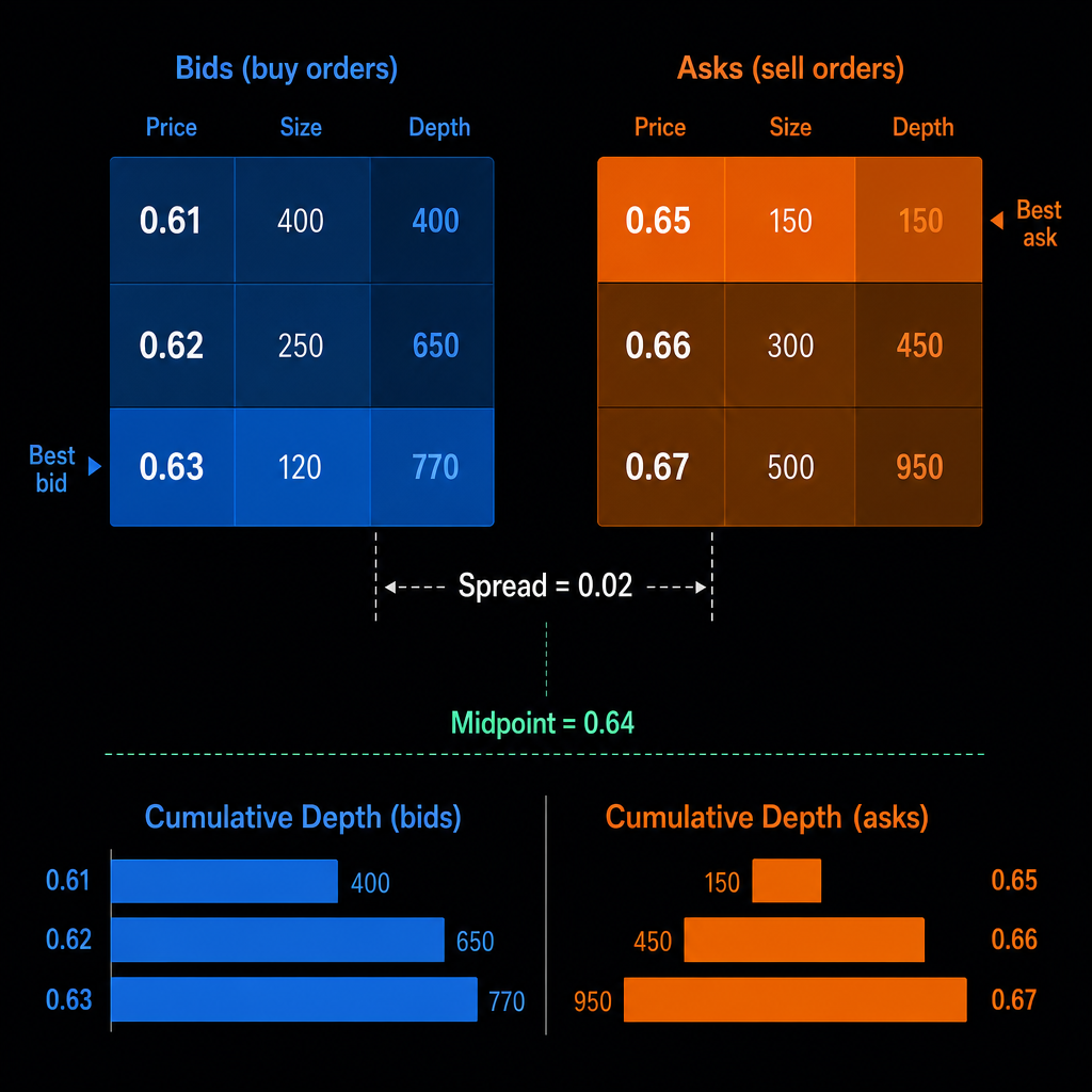 Diagram of a Polymarket outcome order book showing stacked bids and asks, best bid, best ask, spread, and midpoint.