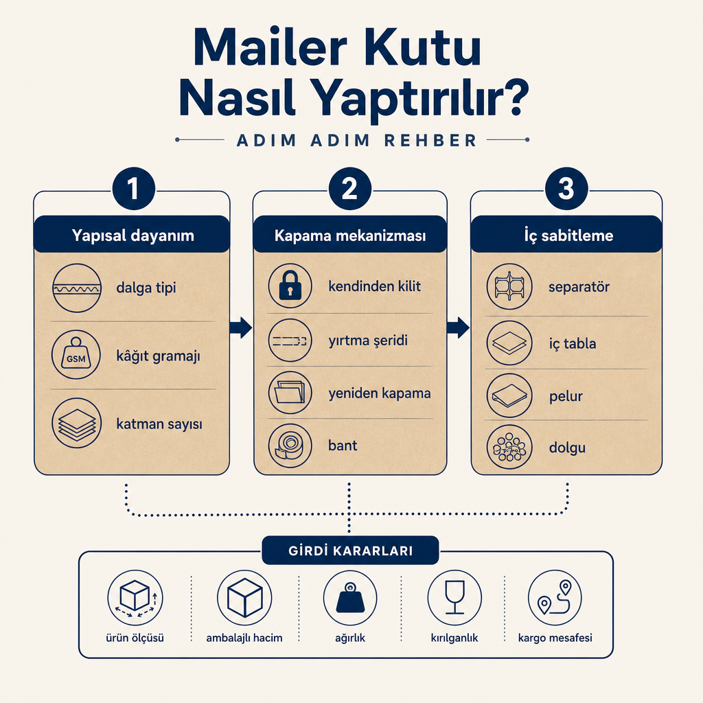 Mailer kutu kararını oluşturan yapısal dayanım, kapama ve iç sabitleme mekanizmalarını gösteren diyagram
