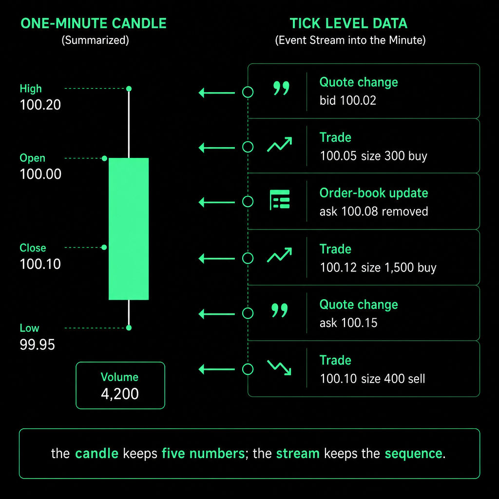 Diagram contrasting a single minute candle with the ordered sequence of trades and quote changes that produced it.