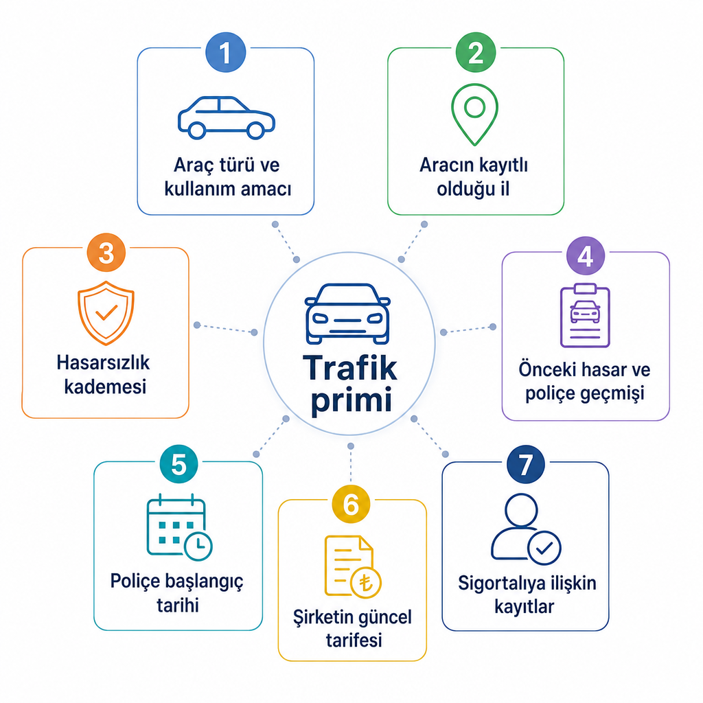 Trafik sigortası primini belirleyen yedi unsuru merkezdeki araç ikonu etrafında gösteren infografik
