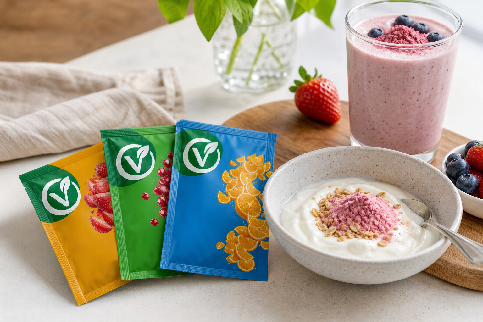 Çilek, nar ve portakal tozu saşeleri yoğurt kasesi ve smoothie bardağının yanında