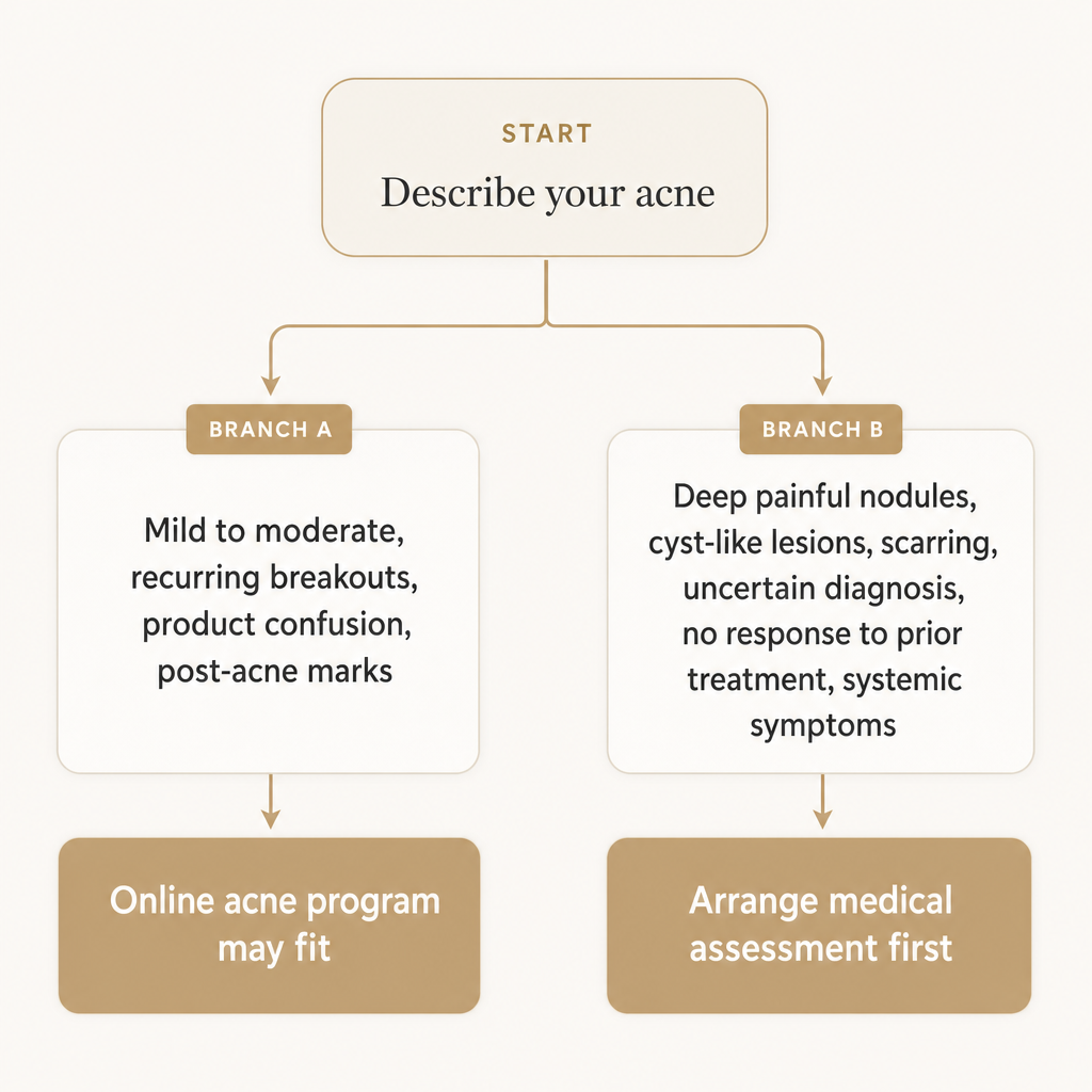 A decision diagram showing when online acne support may fit and when to seek medical assessment instead