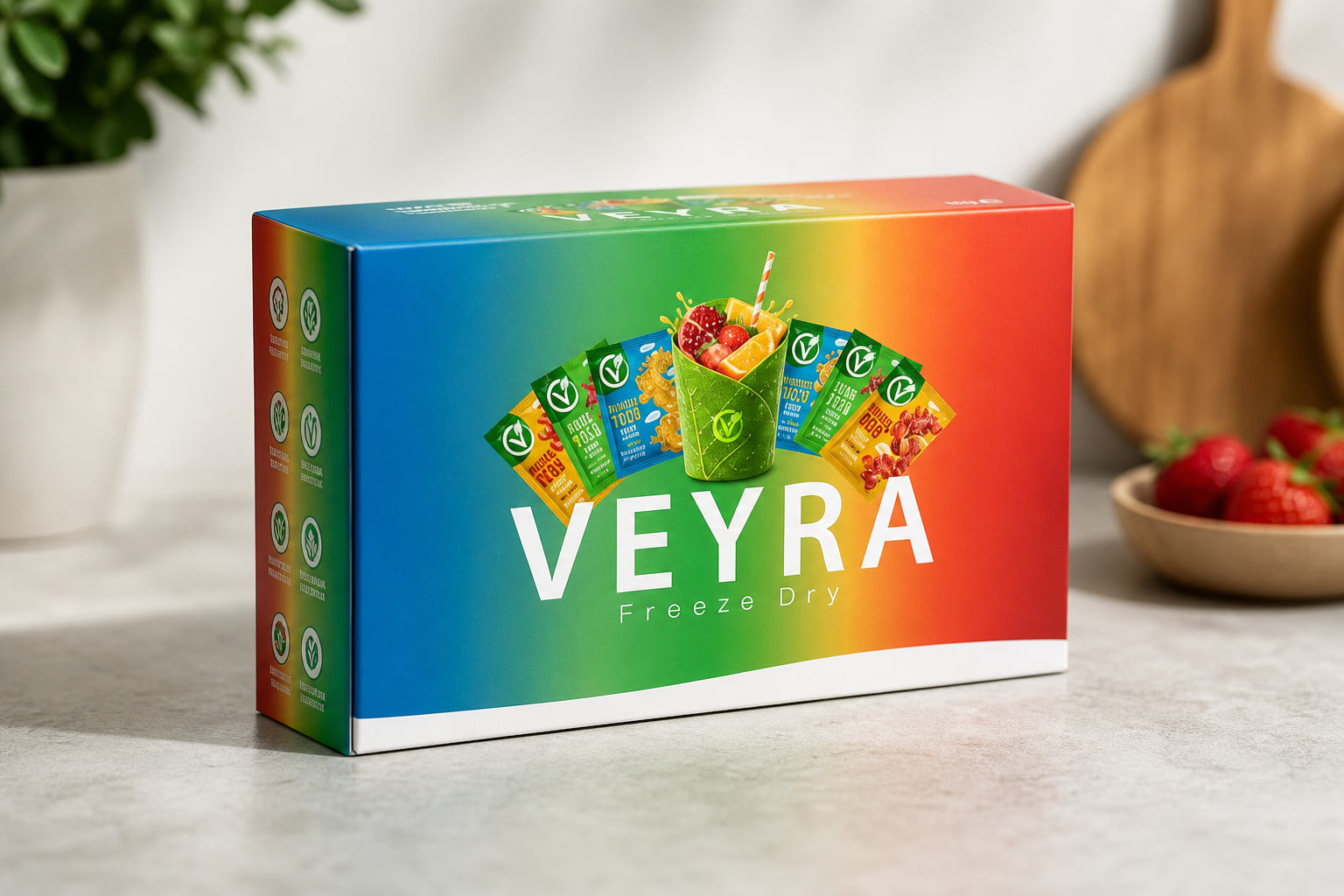 Renkli gradyan tasarımlı VeyraDry karma meyve tozu kutusu