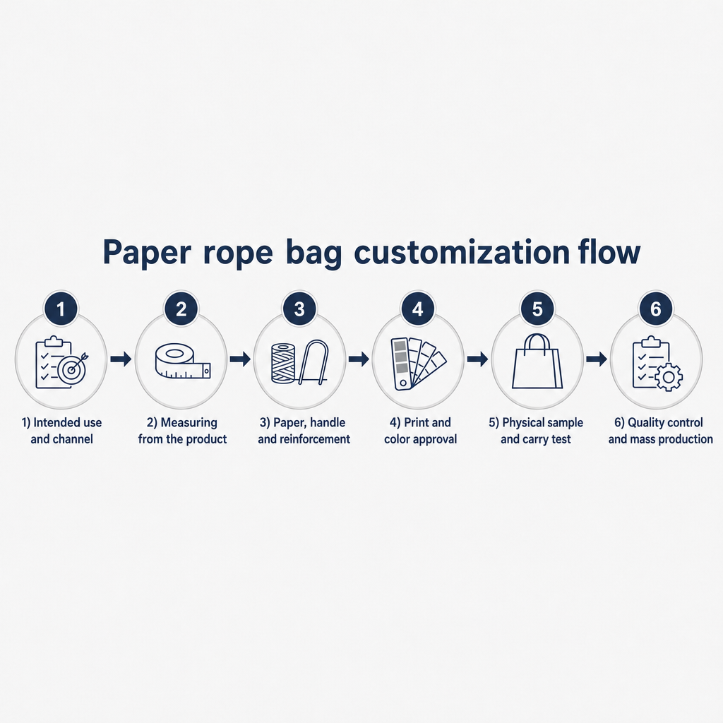 Six-step process diagram for paper rope bag customization