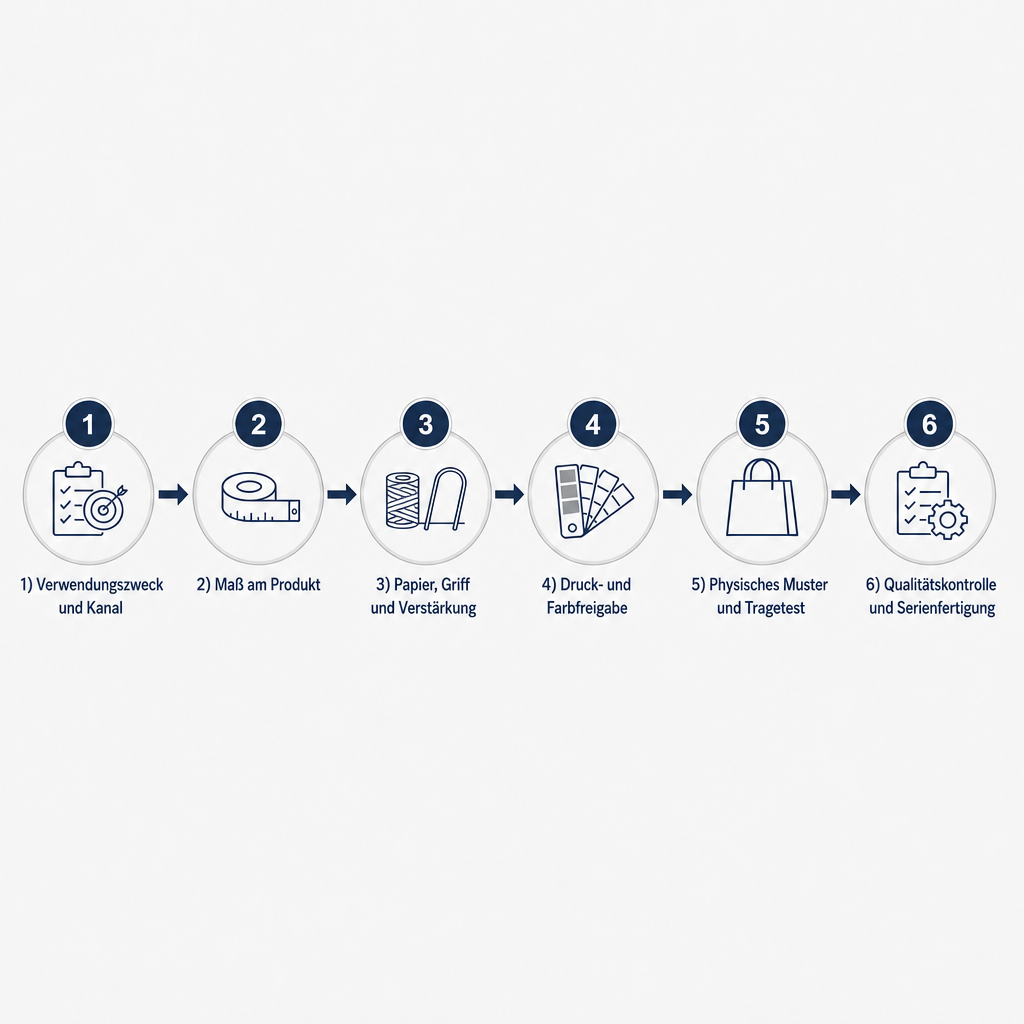 Prozessschema der Papierkordeltaschen-Individualisierung in sechs Schritten