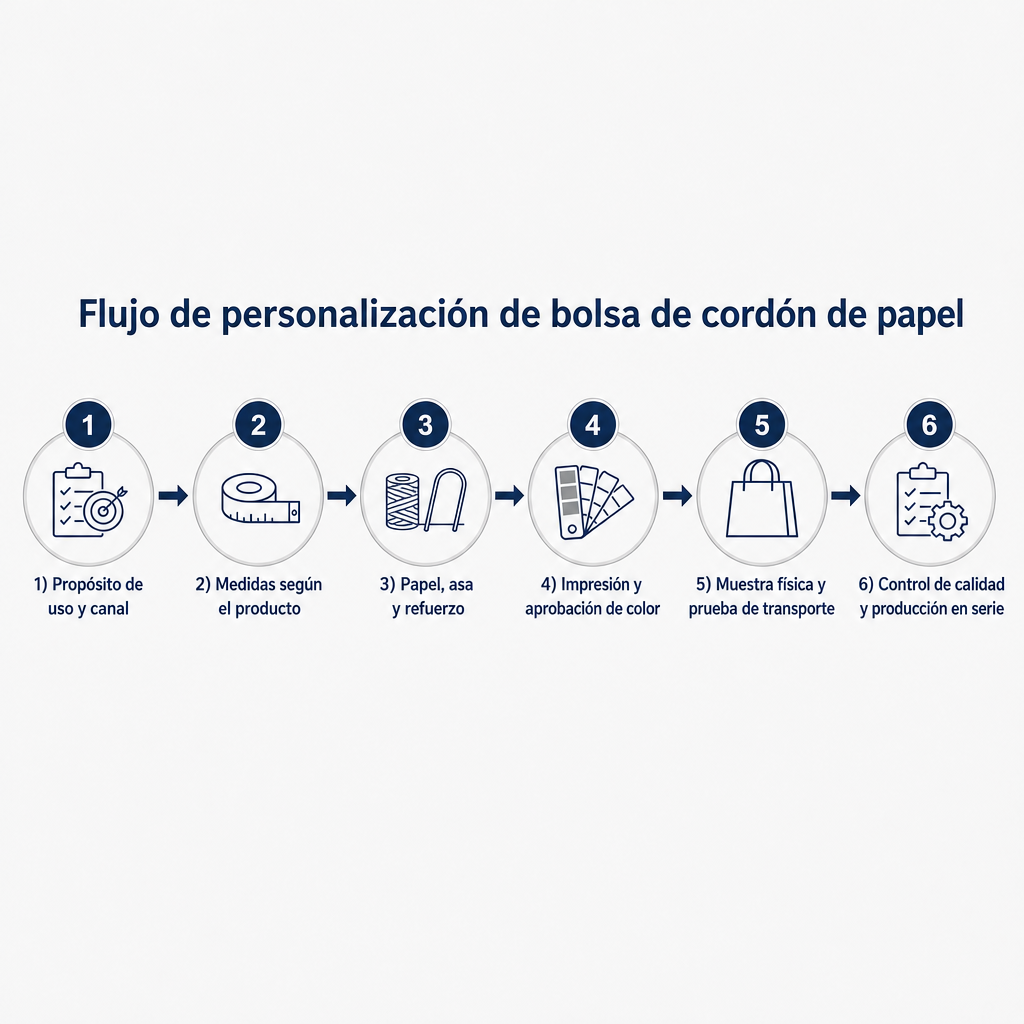 Diagrama de proceso de seis pasos para la personalización de bolsas de cordón de papel