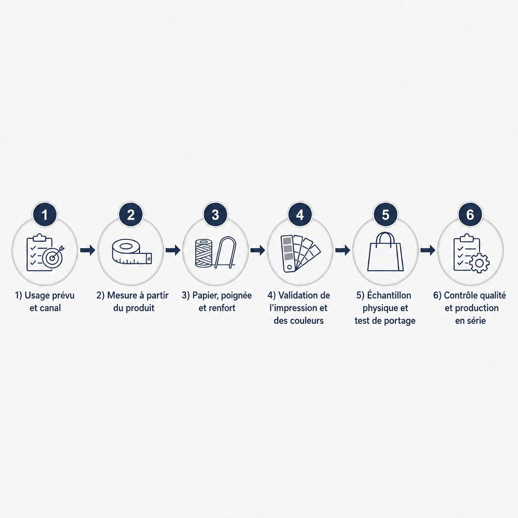 Schéma du processus en six étapes de la personnalisation du sac à poignée en corde de papier